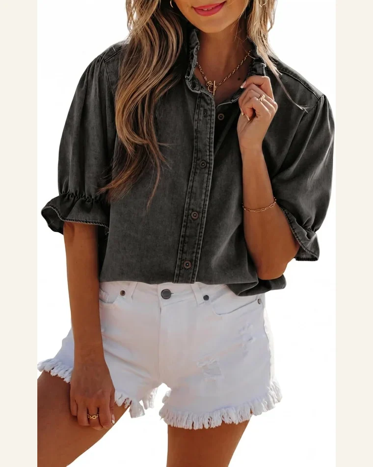 Short Sleeve Shirts Ruffle Chambray Top by SELINK