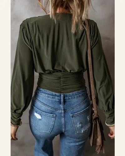 Bodysuit Elegant Moss Green Ruched Wrap V Neck, view 2