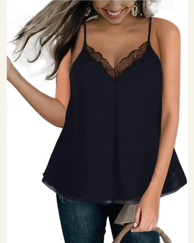 Spaghetti Strap Lace V Neck Tank Tops Chiffon, view 1