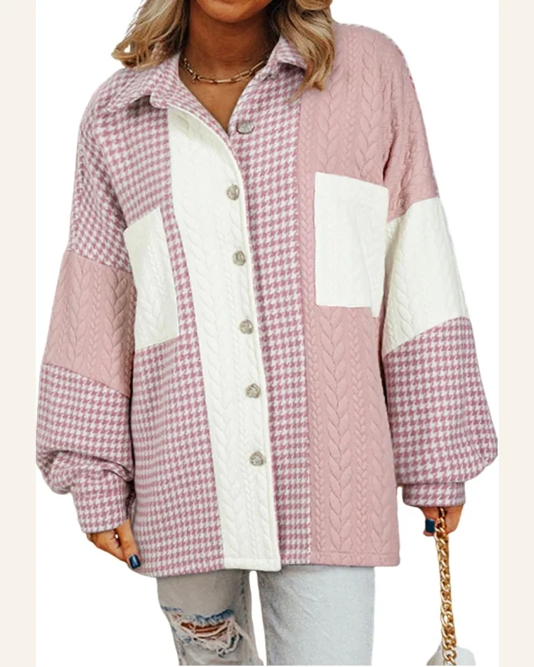 Shacket Jacket Casual Pink Houndstooth Color Contrast Textured by SELINK