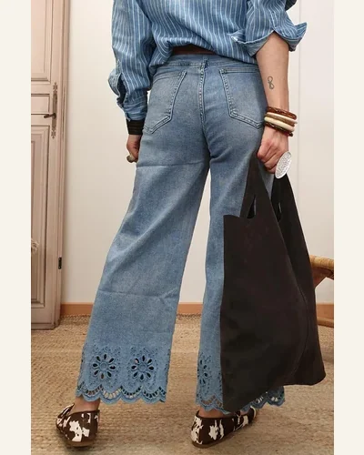 Casual High Waisted Jeans Embroidered Cropped Wide Leg, view 4