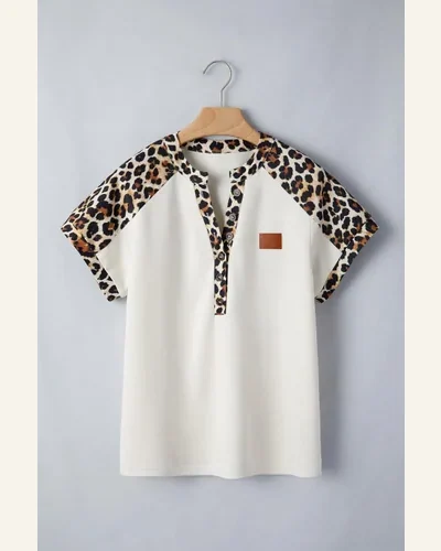 Leopard Patchwork Half Button Short Sleeve T-Shirt, view 3