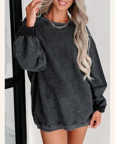 Crewneck Oversized Corduroy Corded Sweatshirt Casual Pullover, view 2