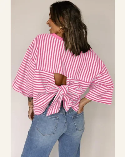 Tunic Tops Casual Pink Stripe Bow Decor Cutout, view 3