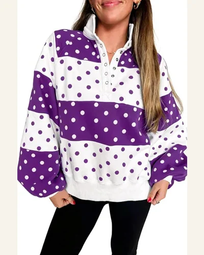 Casual Polka Dot Colorblock Snap Botton Sweatshirt, view 3