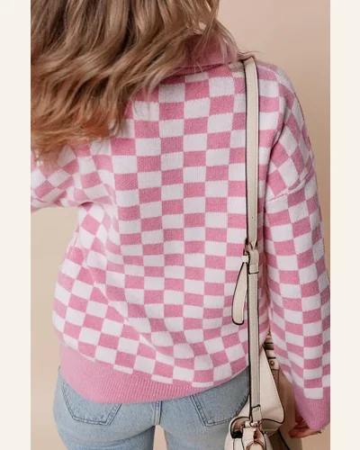 Casual Pink Checkered Buttons Collar V Neck Drop Sweater, view 2