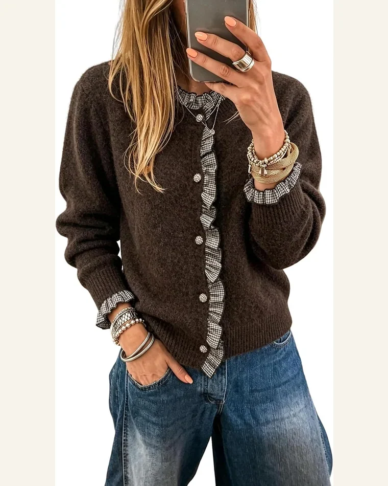 Plaid Ruffle Trim Patchwork Cardigan Sweater Chicory by SELINK