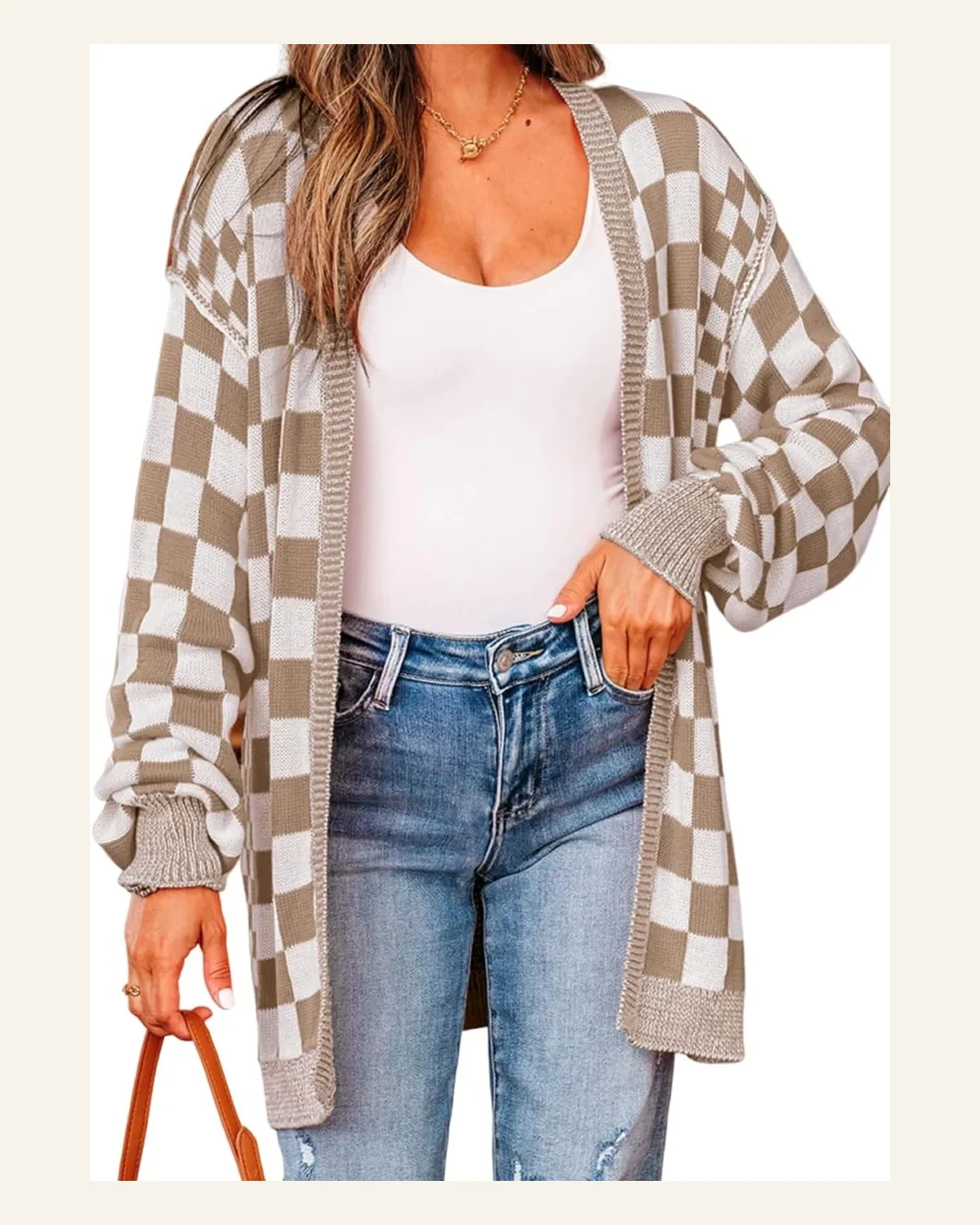 Casual Checkered Cardigan Sweater Open Front Drop Shoulder by SELINK