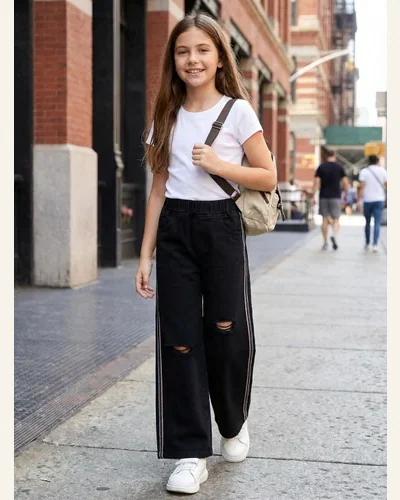 Girls Wide Leg Jeans Elastic Waistband Distressed Pants, view 2
