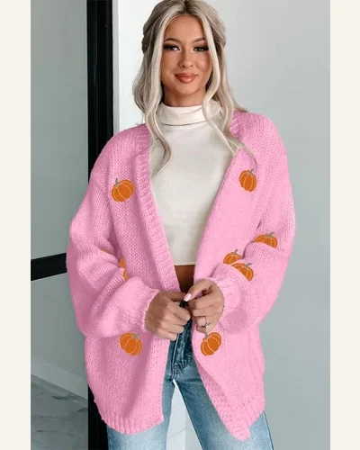 Casual Pink Pumpkin Print Cardigan Sweater Open Front, view 4
