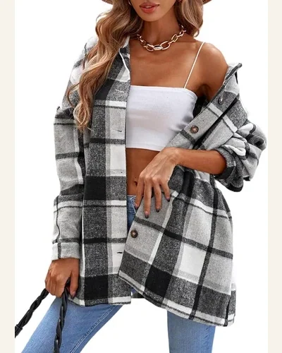 Long Sleeve Flannel Shirts Button Down Shacket Jacket, view 4
