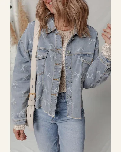 Casual Bow Knot Denim Jean Jacket Sky Blue, view 4