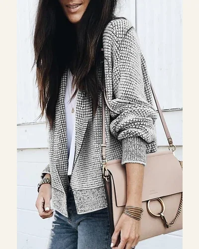 Cardigan Sweater Casual Grey Plaid Contrast Trim Open, view 2
