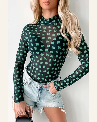 Bodysuit Green St Patrick Shamrock Printed Long Sleeve, view 3