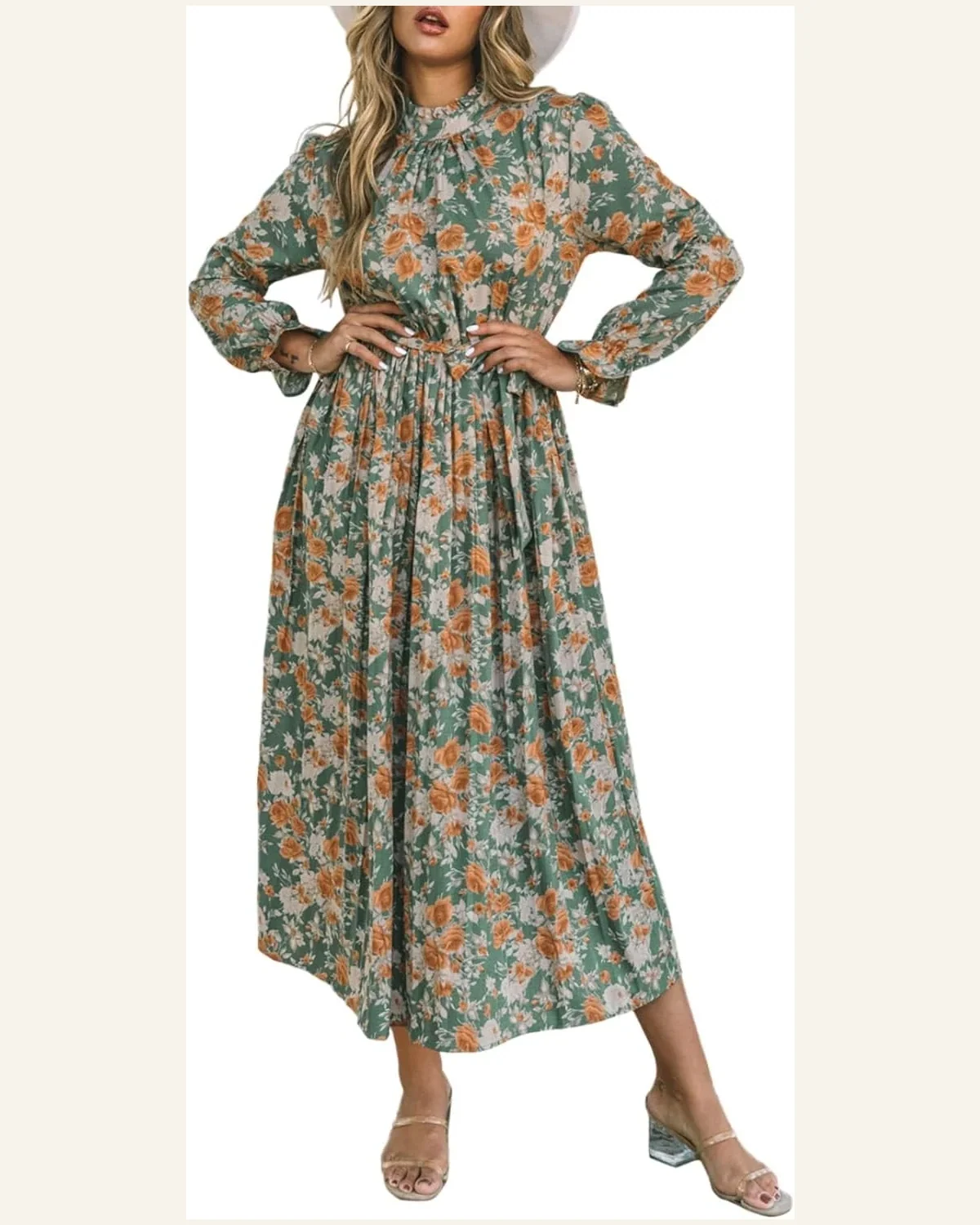 Fall Dresses Elegant Green Pleated Long Sleeve Maxi by SELINK