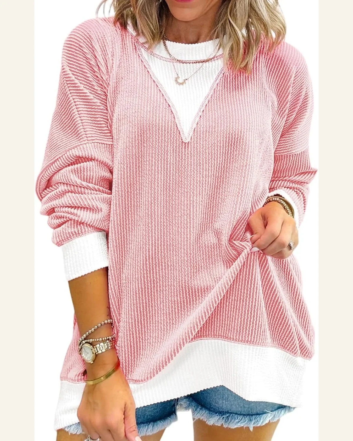Tunic Tops Casual Peach Blossom Corded Colorblock Drop by SELINK