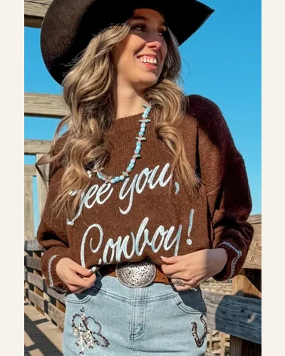 See You Cowboy Pullover Sweater Tops Embroidered Graphic, view 3