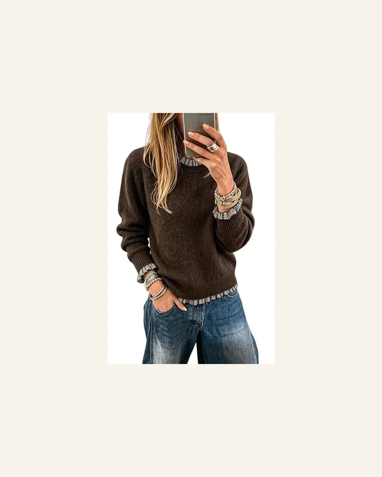 Casual Plaid Ruffle Trim Pullover Sweater Chicory by SELINK