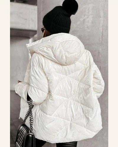 Shacket Jacket Casual White Solid Quilted Hooded Zip, view 2