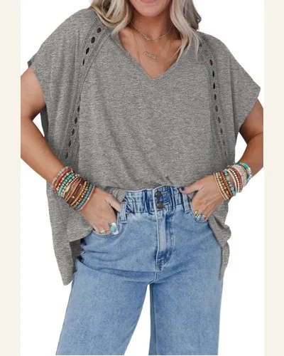Short Sleeve T Shirt Casual Gray Crochet Lace, view 1