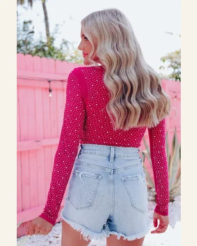 Bodysuit Casual Rose Rhinestone O-neck Long Sleeve Bodysuit, view 2
