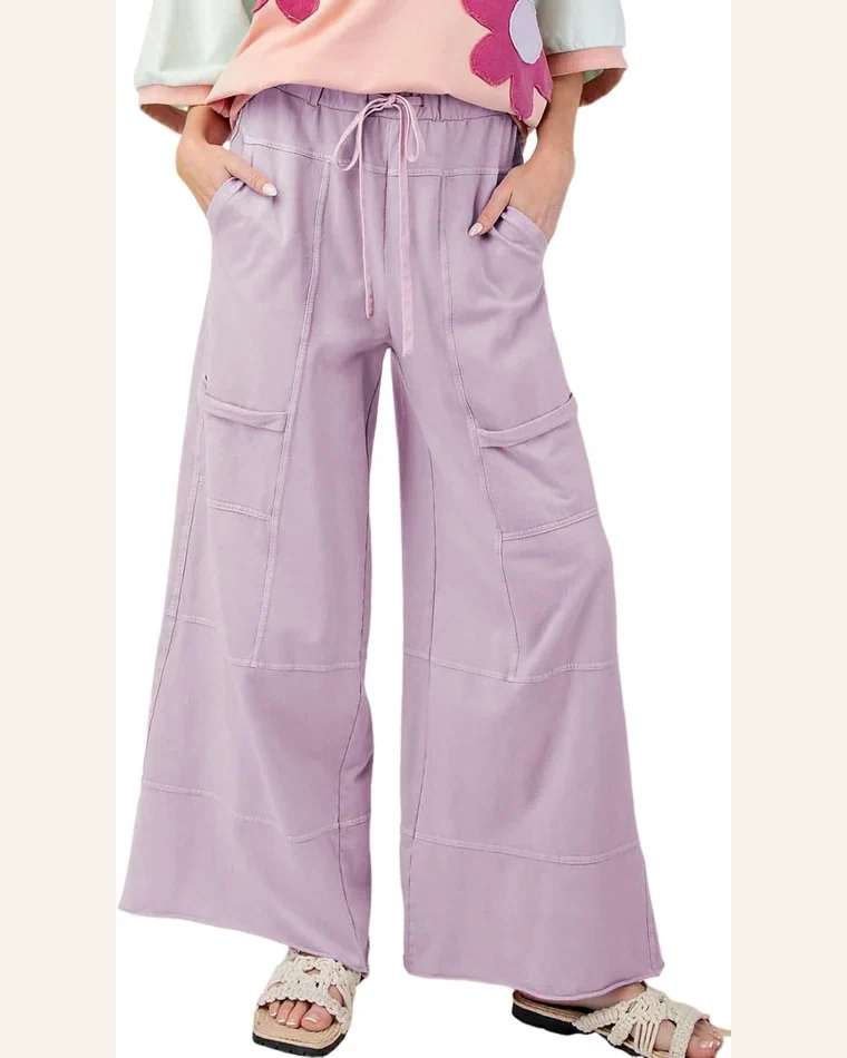 Casual Pants Pink Mineral Wash Exposed Seam Drawstring by SELINK