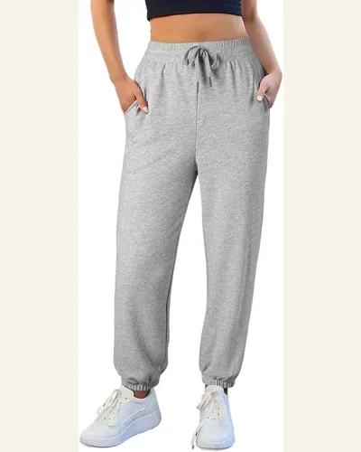 Casual Light Grey Fleece Lined Pants Drawstring Elastic, view 1