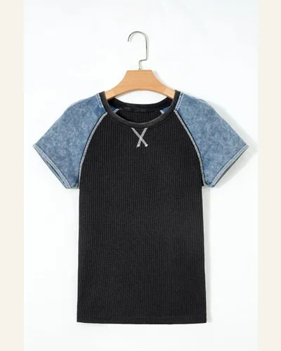 Waffle Knit Color Block Short Sleeve T-Shirt Carbon, view 2