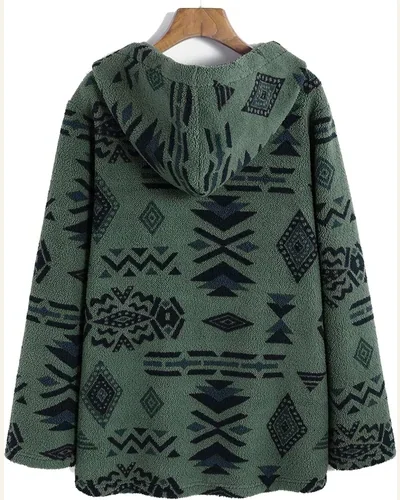 Fuzzy Fleece Jacket Aztec Long Sleeve Button, view 3
