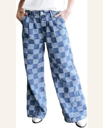 High Waisted Checkered Jeans Casual Dusk Wide Leg, view 4