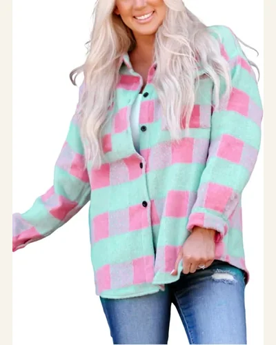 Casual Plaid Shacket Button Down Long Sleeve Shirts, view 1