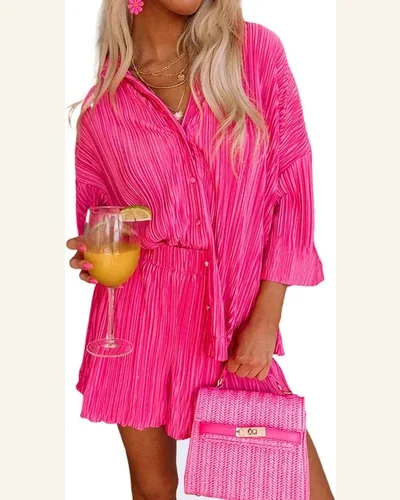 2 Piece Outfits Casual 3/4 Sleeves Pleated Button Set, view 1
