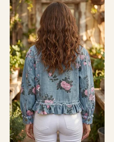 Floral Print Raw Seam Ruffle Hem Denim Jacket, view 2