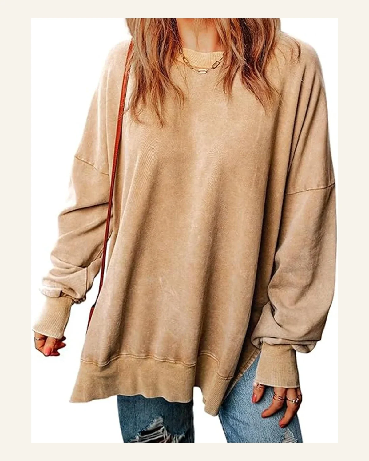 Casual Khaki Drop Shoulder Ribbed Trim Oversized Sweatshirts by SELINK