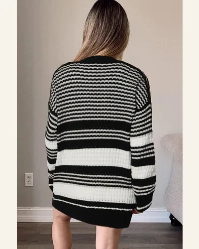 Cardigan Sweater Casual Black Colorblock Textured Knit Buttoned, view 2