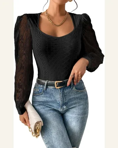 Bodysuit Casual Frenchy Contrast Lace Bishop Sleeve Bodysuit, view 1