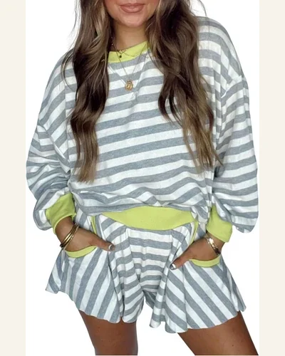2 Piece Sets Casual Striped Colorblock Crewneck Pullover, view 4
