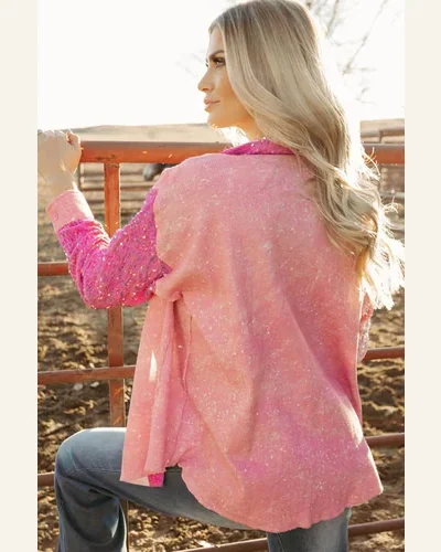 Shacket Jacket Casual Apricot Pink Mineral Wash Sequin, view 2