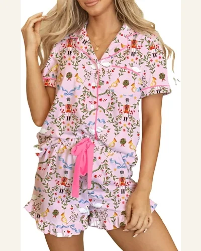 Summer Pajamas Sets Short Sleeve Flower Button, view 4