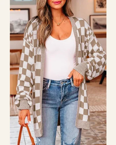 Casual Checkered Cardigan Sweater Open Front Drop Shoulder, view 3