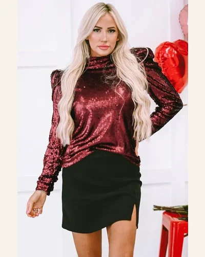 Tunic Tops Casual Burgundy Sequin Mock Neck Bubble, view 3