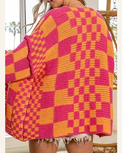 Cardigan Sweater Vintage Open Front Mixed Checkered Pattern, view 2