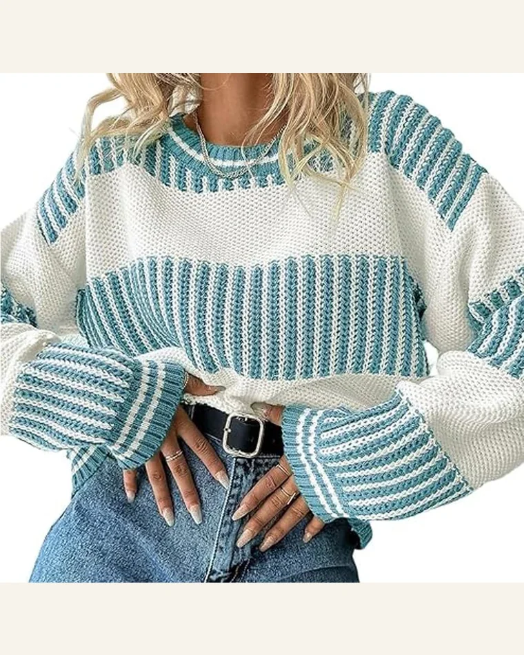 Casual Light Blue Striped Patchwork Drop Shoulder Loose Sweater by SELINK