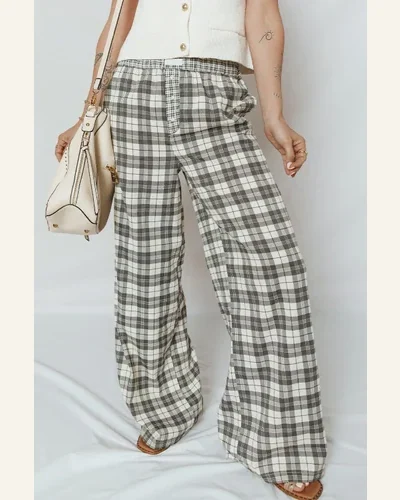 Casual Loose Gray Plaid Wide Leg Pants Elastic, view 2