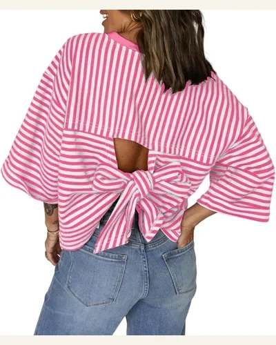 Tunic Tops Casual Pink Stripe Bow Decor Cutout, view 1