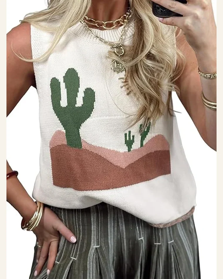 Western Print Tank Tops Basic Multicolour Cactus Oasis by SELINK