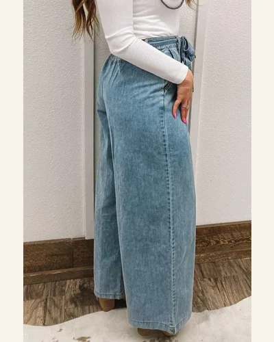 Casual High Waisted Jeans Bow Knot Sash Shift, view 2