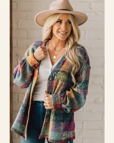 Shacket Jacket Casual Multicolor Brushed Checked Western Buttoned, view 4