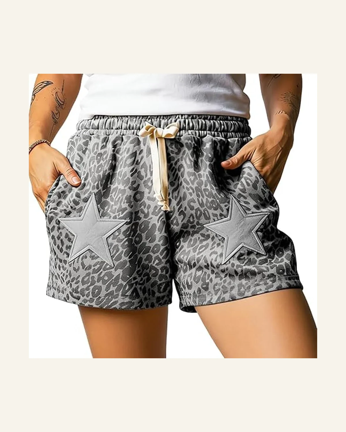 Western Gray Leopard Star Shorts with Pocket Colorblock by SELINK