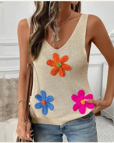 Summer Crochet Floral Tank Tops Back Twist Knit, view 3